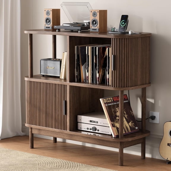 Easoger 40" Record Player Stand with Charging Station, Mid Century Modern Turntable Cabinet with Sliding Doors, Large Vinyl Storage Rack for Living Room Music Corner,Walnut