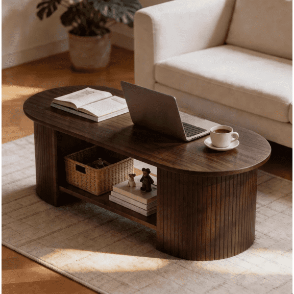 Easoger 42.5" Oval Coffee Table with 2-Tier Storage, Mid-Century Modern Center Table with Fluted Pedestal Base, Wooden Side Table for Living Room, Home Office,Walnut