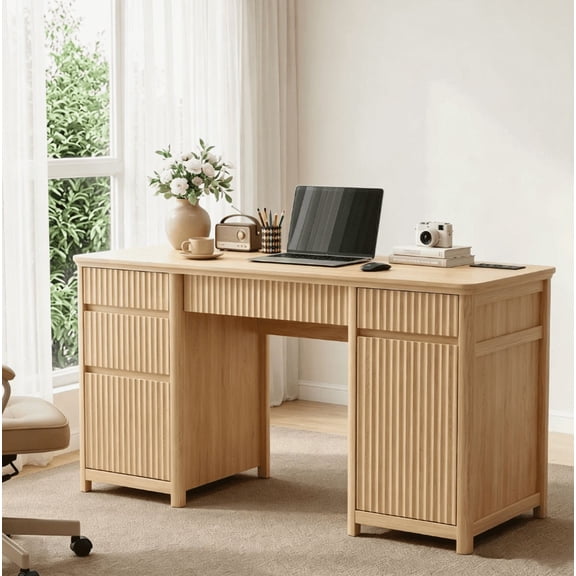 Easoger 55" Fluted Executive Desk with Power Outlet, Home Office Computer Desk with Keyboard Tray, 5 Drawers & File Storage, Walnut Finish for Work Study