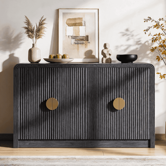 Easoger 55 Inch Fluted Buffet Sideboard Storage Cabinet, Black Mid-Century Modern Credenza Console Table with Adjustable Shelves, Wavy Grain Doors, Anti-Tip for Dining Room, Living Room, Entryway