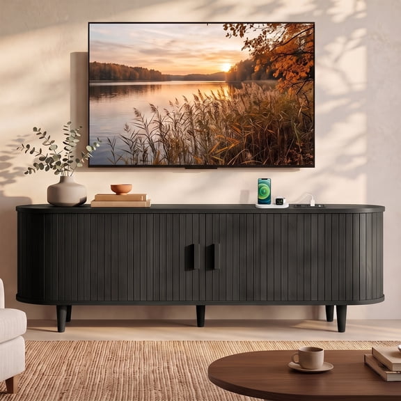 Easoger 65" Sliding Door TV Stand with Charging Station, Fluted Vertical Grille Wood Entertainment Center, Curved Oval Shape Storage Cabinet,Black