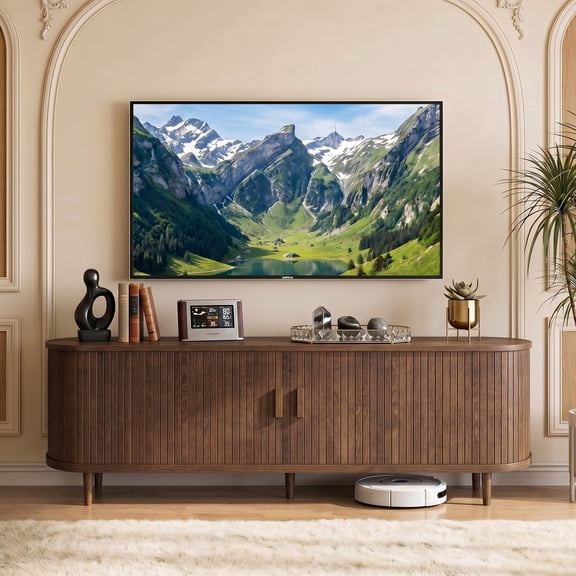 Easoger 65" Sliding Door TV Stand with Charging Station, Fluted Vertical Grille Wood Entertainment Center, Curved Oval Shape Storage Cabinet,Walnut