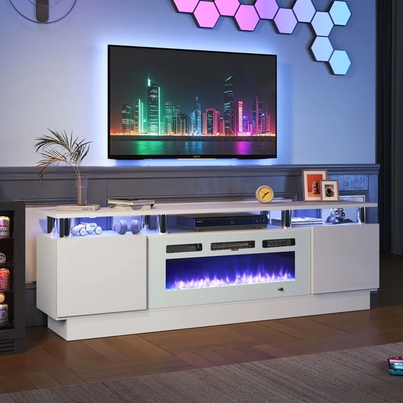 Easoger 70 Fireplace TV Stand, Entertainment Center for TVs up to 80", with 36'' Electric Fireplace, LED Lights Entertainment Center, TV Console, White
