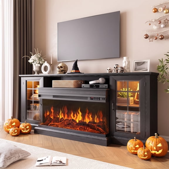 Easoger 70" Fireplace TV Stand with 3-Sided Glass Electric Fireplace, 12 Flame Colors + 12 LED Backlight Colors, Holds TV up to 88", Black