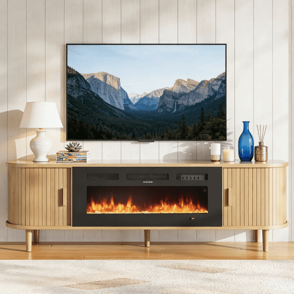 Easoger 70" Fluted Fireplace TV Stand, Mid Century Modern Entertainment Center with 36" Electric Fireplace for TVs up to 75", Console with Sliding Doors & Solid Wood Legs for Living Room,Oak