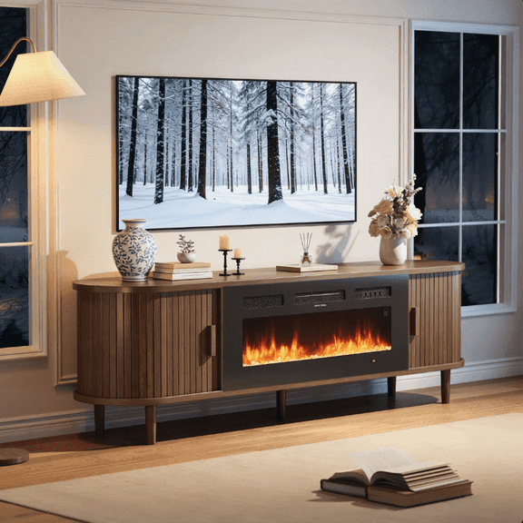 Easoger 70" Fluted Fireplace TV Stand, Mid Century Modern Entertainment Center with 36" Electric Fireplace for TVs up to 75", Media Console with Sliding Doors & Solid Wood Legs for Living Room.Walnut