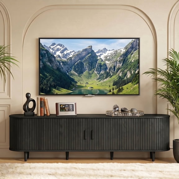 Easoger 70" Sliding Door TV Stand with Charging Station, Fluted Vertical Grille Wood Entertainment Center, Curved Oval Shape Storage Cabinet,Black