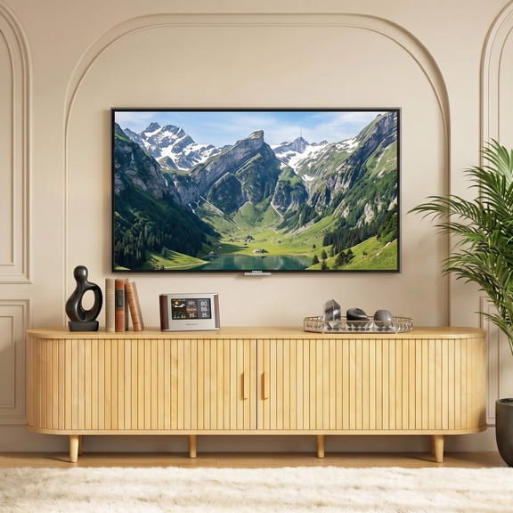 Easoger 70" Sliding Door TV Stand with Charging Station, Fluted Vertical Grille Wood Entertainment Center, Curved Oval Shape Storage Cabinet, Oak