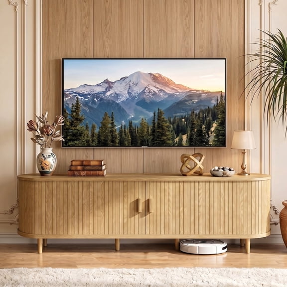 Easoger 70" Sliding Door TV Stand with Charging Station, Fluted Vertical Grille Wood Entertainment Center, Curved Oval Shape Storage Cabinet, Oak