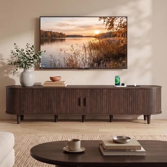 Easoger 80" Curved Oval Sliding Door TV Stand with Built-in Charging Station, Fits Up to 85 Inch TV, Walnut Wood Grain Media Console for Living Room Bedroom