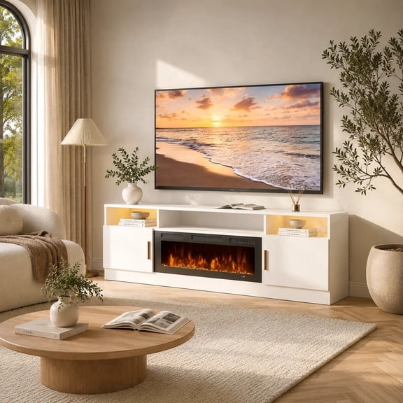 Easoger 80" Fireplace TV Stand, Gaming Media Console with 12 Color LED Backlights & 3 Outlets, Storage Shelves & Cabinets, White