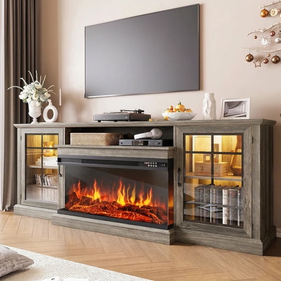 Easoger 80" Fireplace TV Stand with 3-Sided Glass Electric Fireplace, 12 Flame Colors + 12 LED Backlight Colors,  Holds TV up to 88", Gray