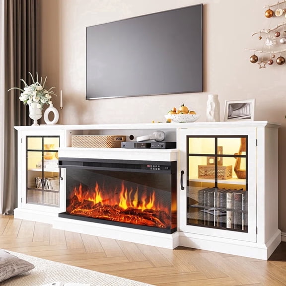 Easoger 80" Fireplace TV Stand with 3-Sided Glass Electric Fireplace, 12 Flame Colors + 12 LED Backlight Colors, Holds TV up to 88", White