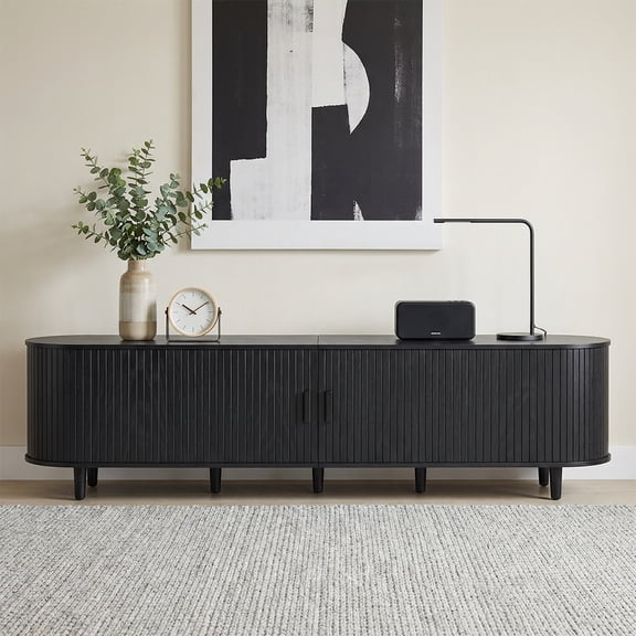 Easoger 80" Curved Oval Sliding Door TV Stand with Built-in Charging Station, Fits Up to 85 Inch TV, Black Wood Grain Media Console for Living Room Bedroom