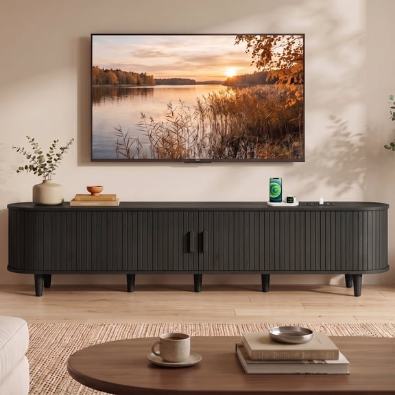 Easoger 90" Curved Oval Sliding Door TV Stand with Built-in Charging Station, Fits Up to 100 Inch TV , for Living Room Bedroom,Black