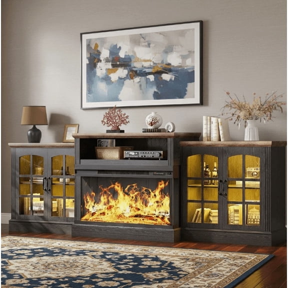 Easoger 97" Fireplace TV Stand with 36'' Fireplace, Entertainment Center TV Console Table for over 100" TVs, Large Storage with Glass Doors & Shelves, LED Backlight, Walnut + Black Oak