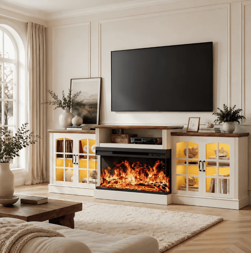 Easoger 97" TV Stand with Electric Fireplace, 3-Sided Glass Display Media Console for Over 100" TVs, Large Storage with Glass Doors & Shelves, LED Backlight, White + Light Walnut