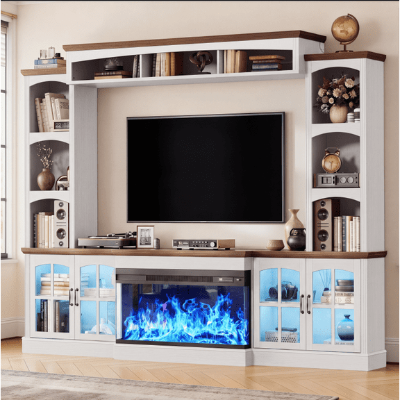 Easoger 98" Extra Large Farmhouse TV Stand with 3-Sided Electric Fireplace, Heavy Duty Entertainment Center Supports 70" TVs & 120 lbs, Storage Cabinets with Glass Doors, Ultra-Quiet ,White