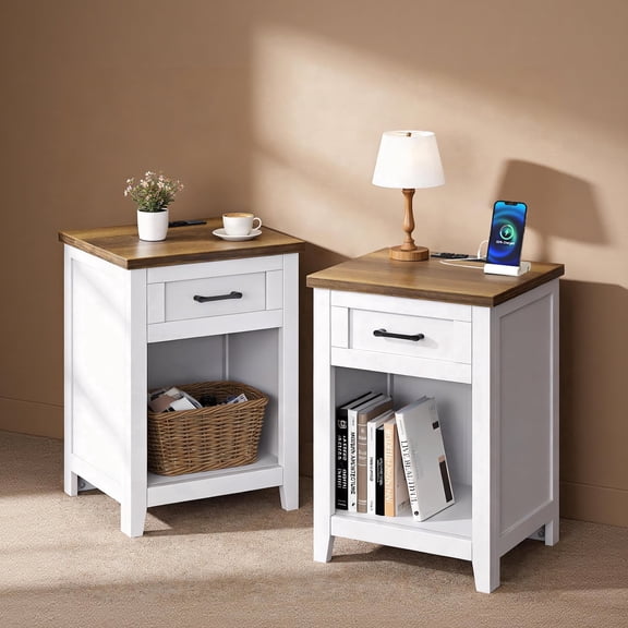Easoger Farmhouse Nightstand Set of 2 with Charging Station & Large Storage, End Tables with Outlets & USB Ports for Bedroom,Walnut+White