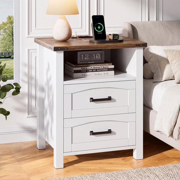 Easoger Farmhouse Nightstand with Charging Station, 18" Wide Rustic End Table with USB/Type-C Ports & 2 Drawers for Bedroom, White+Walnut