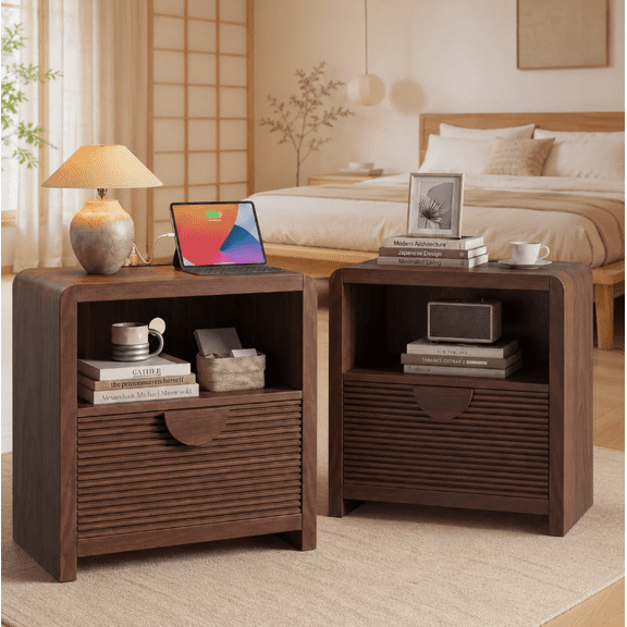 Easoger Set of 2 Nightstand 1-Drawer with Charging Station, Modern Wood Bedside Table with USB Ports & Outlets, Sturdy Slatted Design for Bedroom Living Room, Walnut