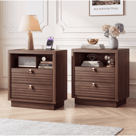 Easoger Set of 2 Nightstand with Built-in Charging Station, 2-Drawer Bedside Table with Open Storage Shelf, Wooden End Table with Gold Handles for Bedroom Living Room, Walnut