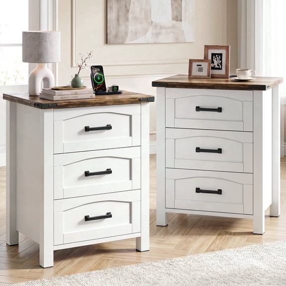 Easoger Set of 2 Farmhouse 3-Drawer Nightstands with Charging Station & USB-C, 18" Wide Rustic White Wood Bedside Table for Bedroom