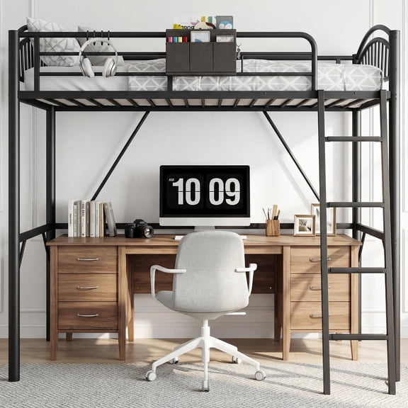 Easoger Twin Loft Bed with Storage Bag, Metal Loft Bed for with Safety Guard Rails & Convertible Ladder,Black