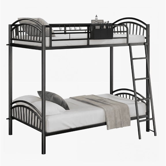 Easoger Twin Over Twin Metal Bunk Bed with Storage Bag, Safety Guard Rails & Anti-tip Nails No Box Spring , Black