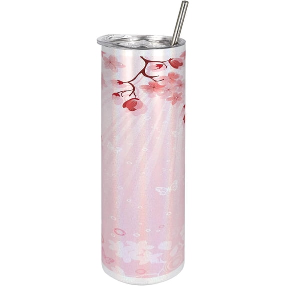 East 20 Oz Skinny Tumbler, Japanese Cherry Blossom Sakura Buds Springtime Travel Destinations Seasonal, Leak-Proof Straw Lid and Brush Vacuum Insulated for Outdoor Use, Pink Coral