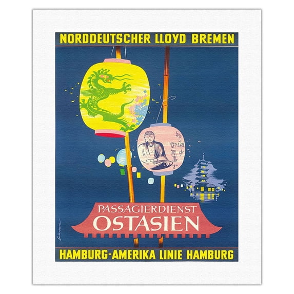 East Asia - Norddeutscher Lloyd Bremen - Passengers - HAPAG - Vintage Ocean Liner Travel Poster by Fritz Schoppe c.1962 - Fine Art Rolled Canvas Print 16in x 20in