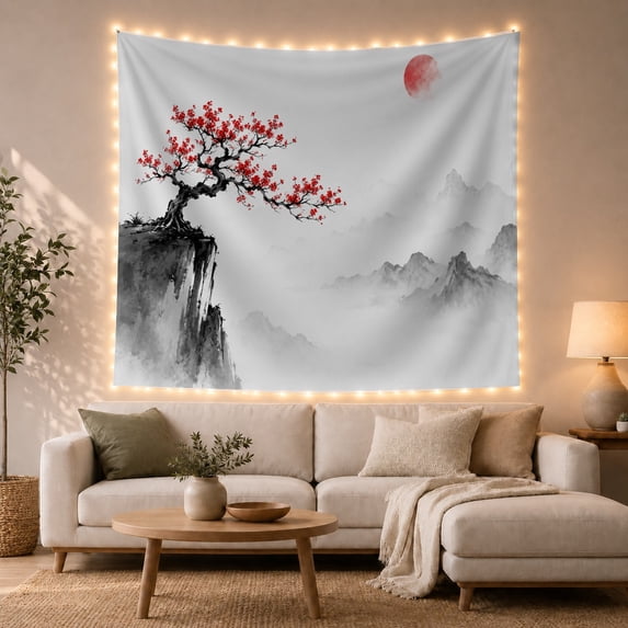 East Asian Wash with Painting Dominant Gnarled, Serene Japanese Inspired for Japanese Art Lovers, Wall Decor, Mother'S Day Gift, Tapestry Wall Hanging for Dorm and Living Room