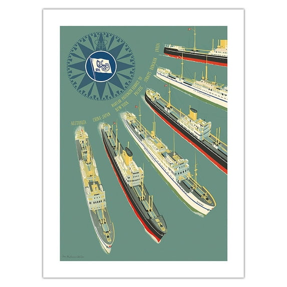 East Asiatic Company Denmark - Passenger Service to Asia - Vintage Ocean Liner Travel Poster by Sten Heilmann Clausen c.1950 - Bamboo Fine Art 290gsm Paper Print (Unframed) 24x32in