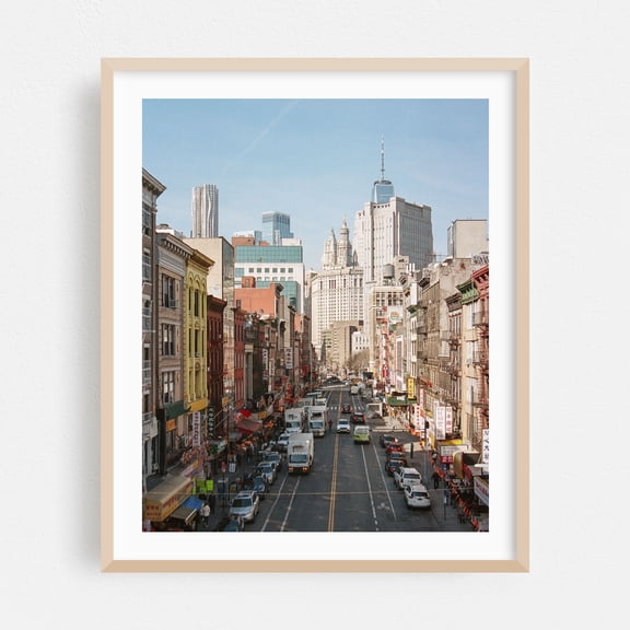 Over East Broadway - Manhattan New York Photography City Skyline Street Photography Architecture Vintage Travel Poster Oak Framed Wall Art Print 9 x 12 inches