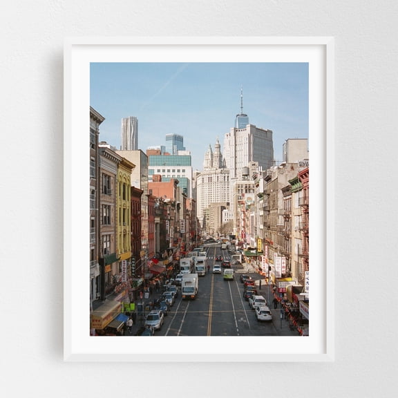 Over East Broadway - Manhattan New York Photography City Skyline Street Photography Architecture Vintage Travel Poster White Framed Wall Art Print 9 x 12 inches