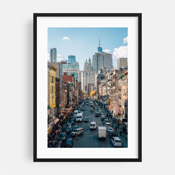 East Broadway - Manhattan New York Photography Cityscape Street Photography Architecture Skyline Travel Poster Autumn Black Framed Wall Art Print 5 x 7 inches