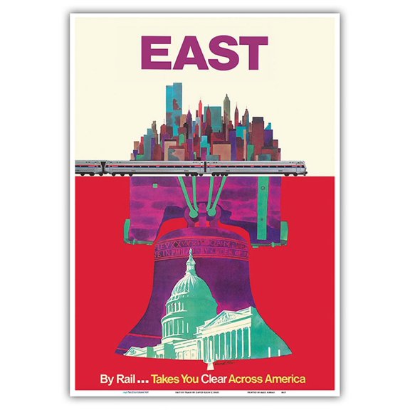 East By Train - Liberty Bell Philadelphia Washington New York - Vintage Railroad Travel Poster by David Klein c.1960s - Master Art Print 10in x 14in