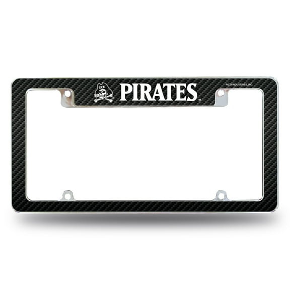 East Carolina NCAA Pirates Chrome Metal License Plate Frame with Carbon Fiber Design