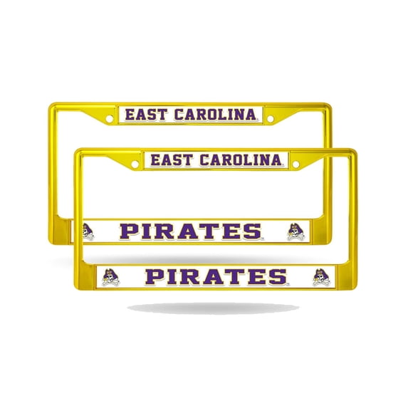 East Carolina Pirates (Set of 2) Gold Painted Chrome Metal License Plate Frames