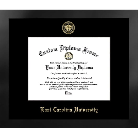East Carolina University 10.75w x 8.25h Manhattan Black Single Mat Gold Embossed Diploma Frame with Bonus Campus Images Lithograph (value savings at $59)