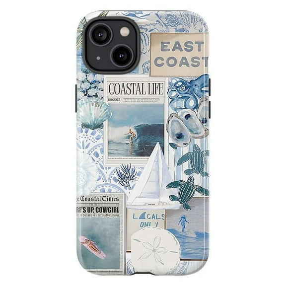 East Coast Coastal Life Phone Case with Surfing, Sea Turtles, and Nautical Collage Art, Blue and Beige Vintage Beach Theme iPhone Cover for 16 15 14 13 12 11 Pro Max Mini Plus