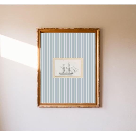 East Coast Grandmillennial Print Blue Striped Sailboat Art Nantucket Vintage Sailboat Coastal Decor Beachy Wall Art Blue Wall Prints