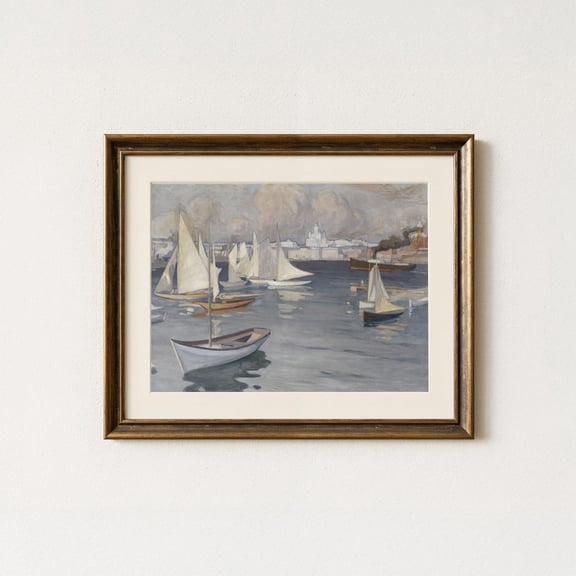 East Coast Grandmillennial Print Vintage Sailboat Coastal Landscape Nantucket Coastal Decor Nautical Wall Art