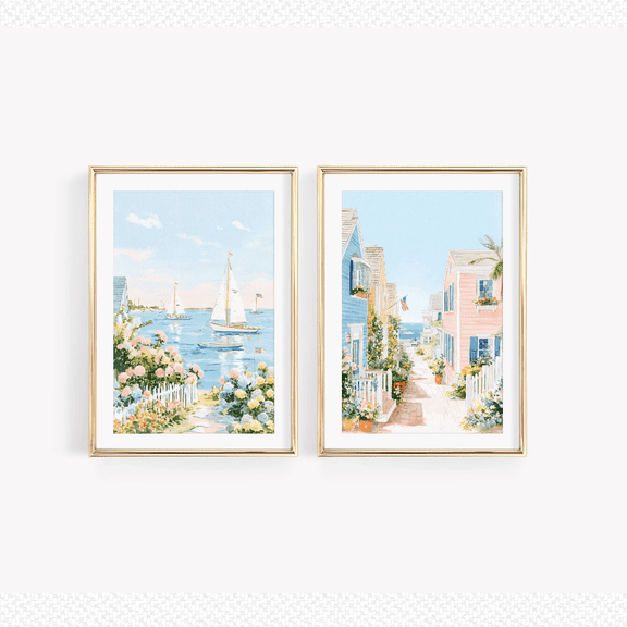 East Coast Summer Floral Nautical Coastal Poster Set 2 Prints Set 2 , Poster Only