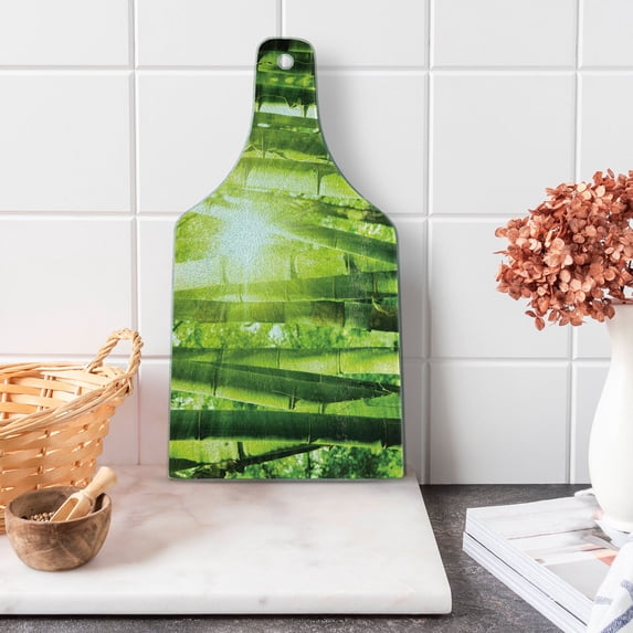 East Cutting Board, Bamboo Forest with Morning Sunlight Sun Beams Through Trees Jungle Scene, Decorative Tempered Glass Cutting and Serving Board, Wine Bottle Shape, Lime Green Yellow, by Ambesonne
