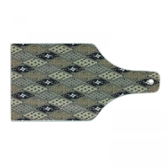 East Cutting Board, Indonesian Javanese Style Batik Pattern Wavy and Floral Design Old Fashioned Tile, Decorative Tempered Glass Cutting and Serving Board, Wine Bottle Shape, Tan Black, by Ambesonne