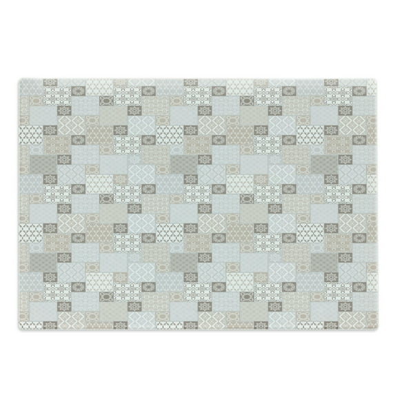 East Cutting Board, Oriental Checkered Pattern Grid Style Patchwork Design Mosaic Ornamental Design, Decorative Tempered Glass Cutting and Serving Board, Large Size, Grey Tan Taupe, by Ambesonne