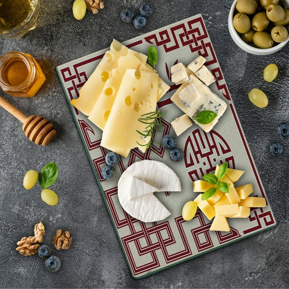 East Cutting Board, Oriental Design Elements Traditional Eastern Knot and Bamboo Framework Pattern, Decorative Tempered Glass Cutting and Serving Board, Small Size, Peach and Ruby, by Ambesonne