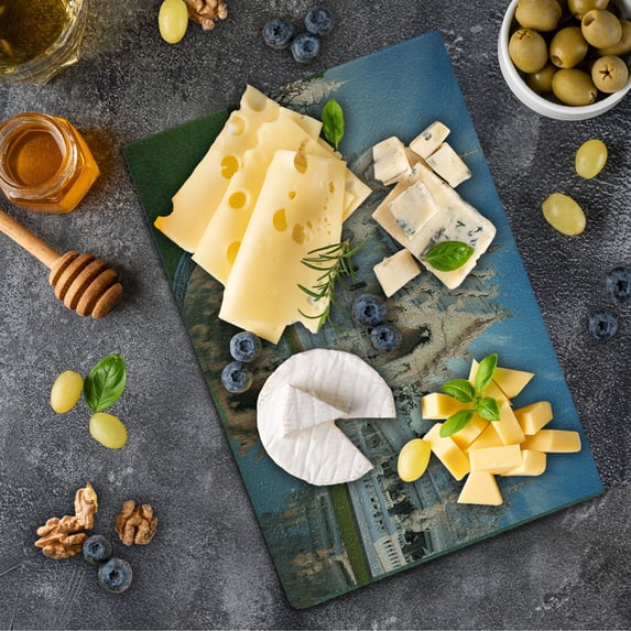 East Cutting Board, Palace Formed Building with Ornate Royal Curving Located in North History, Decorative Tempered Glass Cutting and Serving Board, Small Size, White Green Blue, by Ambesonne