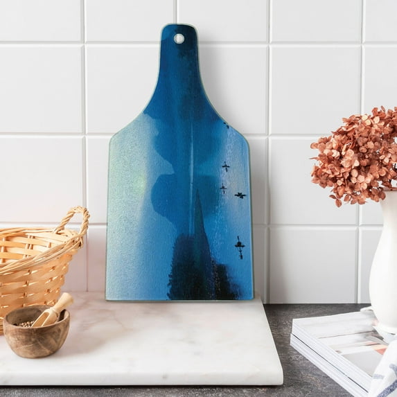 East Cutting Board, Sunrise with Bamboo Raft at Yangshuo on Li River China Fishing Boat Scenic Mist, Tempered Glass Cutting and Serving Board, Wine Bottle Shape, Royal Blue Aqua, by Ambesonne